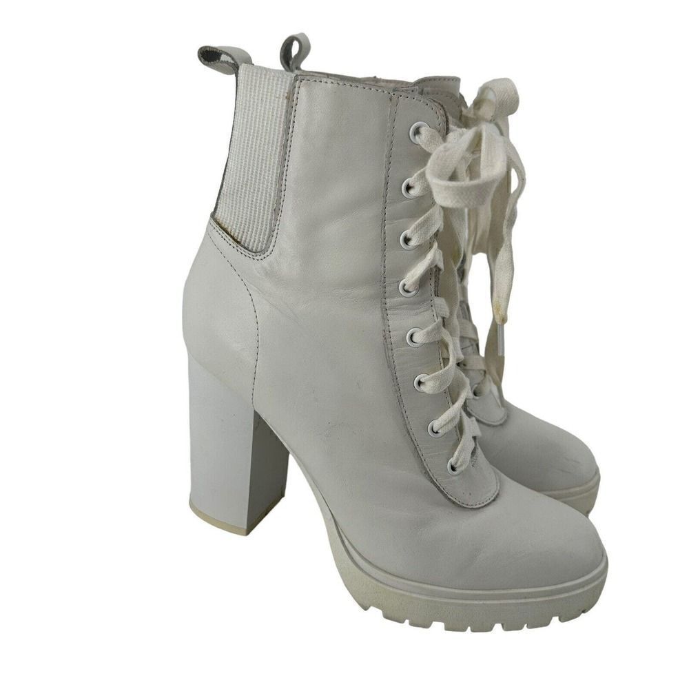 Steve Madden Latch Combat Lace Up White Leather Women Size 8.5 Chunky Heel Boots